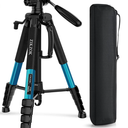 75" Heavy Duty Camera Tripod Stand with Bluetooth Remote - Max Load 15LB, Aluminum Travel Tripod for DSLR/Phone/Tablet/Projector, 3-Way Pan Head & Quick Release Plate, Compact Foldable Design (Blue)