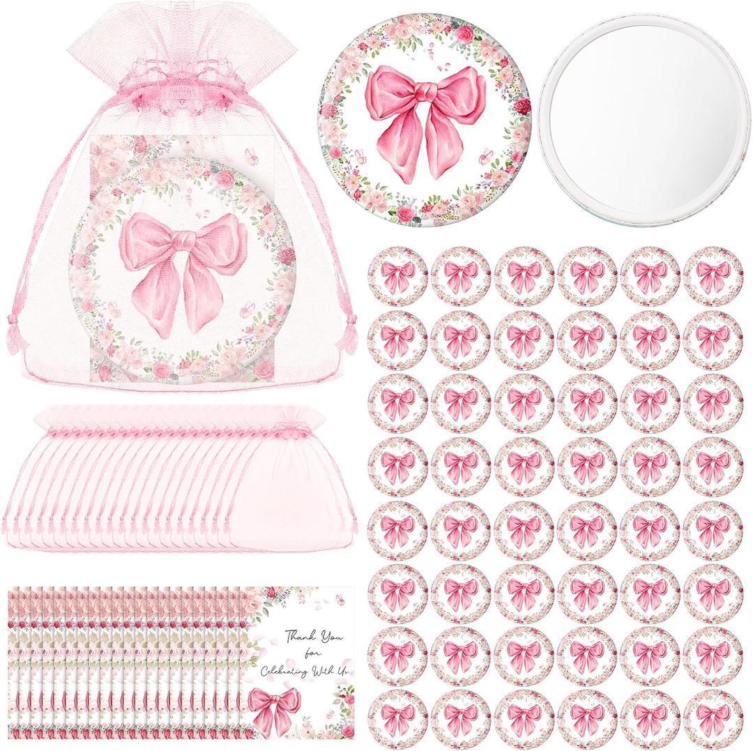 Namalu 48 Sets Coquette Pink Bow Party Favors Compact Mirror Bulk Pink Bow Gift Bag and Thank You Cards Bags for Baby Shower Bridal Wedding Guest Appreciation Gifts Gender Reveal