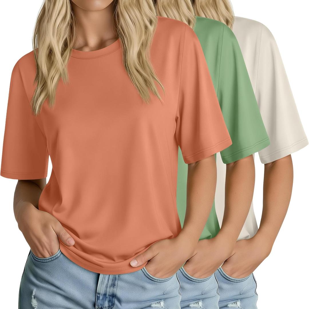 Huukeay 3 Pack Women's Half Sleeve T-Shirts, Crew Neck Elbow Length Tops Loose Casual Basic Tees Summer Tunic Tops (XL)