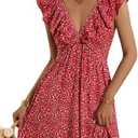 Loemes Women Summer Cute Floral Deep V Neck Mini Dress Casual Ruffle Sleeveless High Waist Swing Beach Sundress with Pockets Size XL