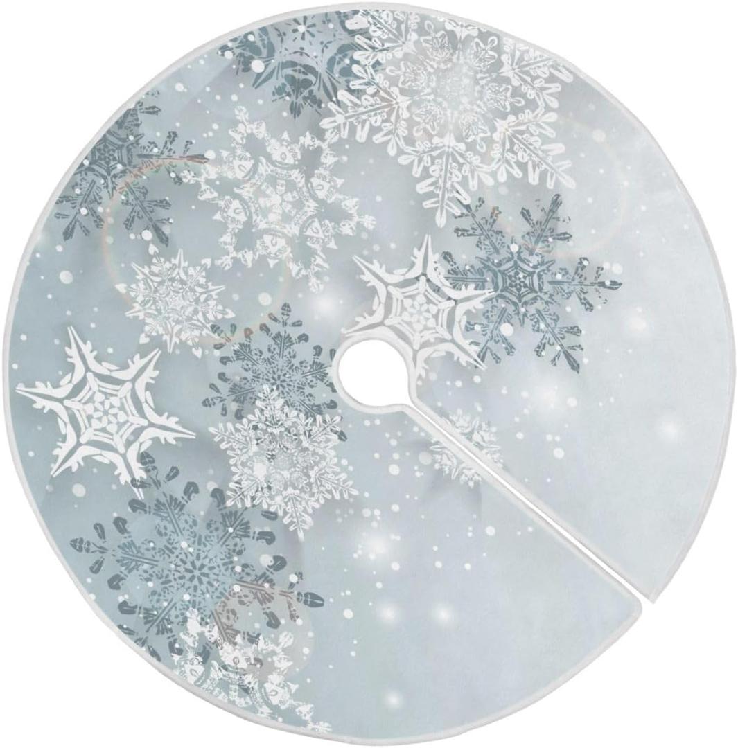 Snowflake Silver Christmas Tree Skirt Decorations Winter Gray Xmas Tree Mat 35 inch for Holiday Party Supplies Rustic Ornaments Small Tree Skirt