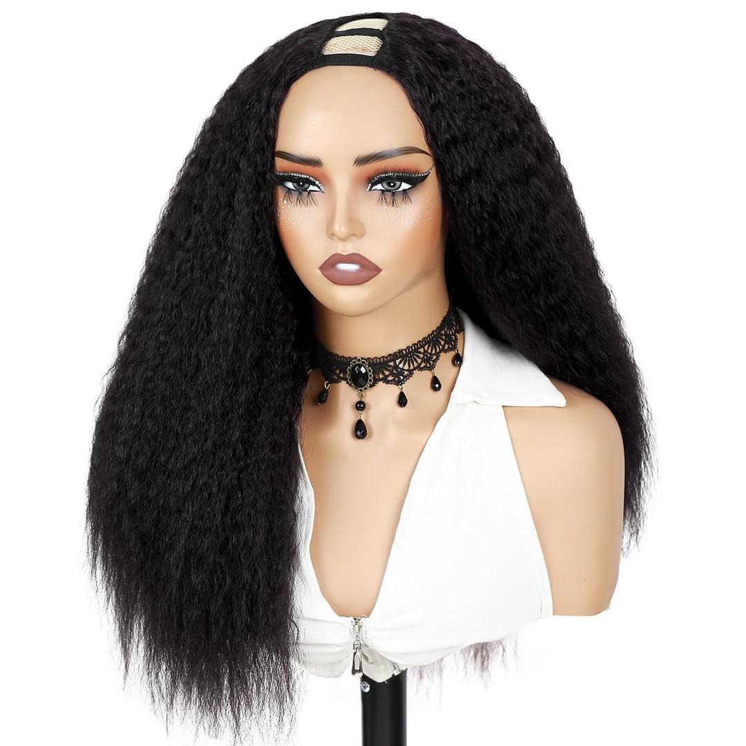 WIGER Kinky Straight U Part Wigs Human Hair Half Wig Natural Color Glueless Thin Leave Out Curly Hair 200% Density 16 Inch kinky Curly Clip in Wigs for Black Women Wear And Go Wig