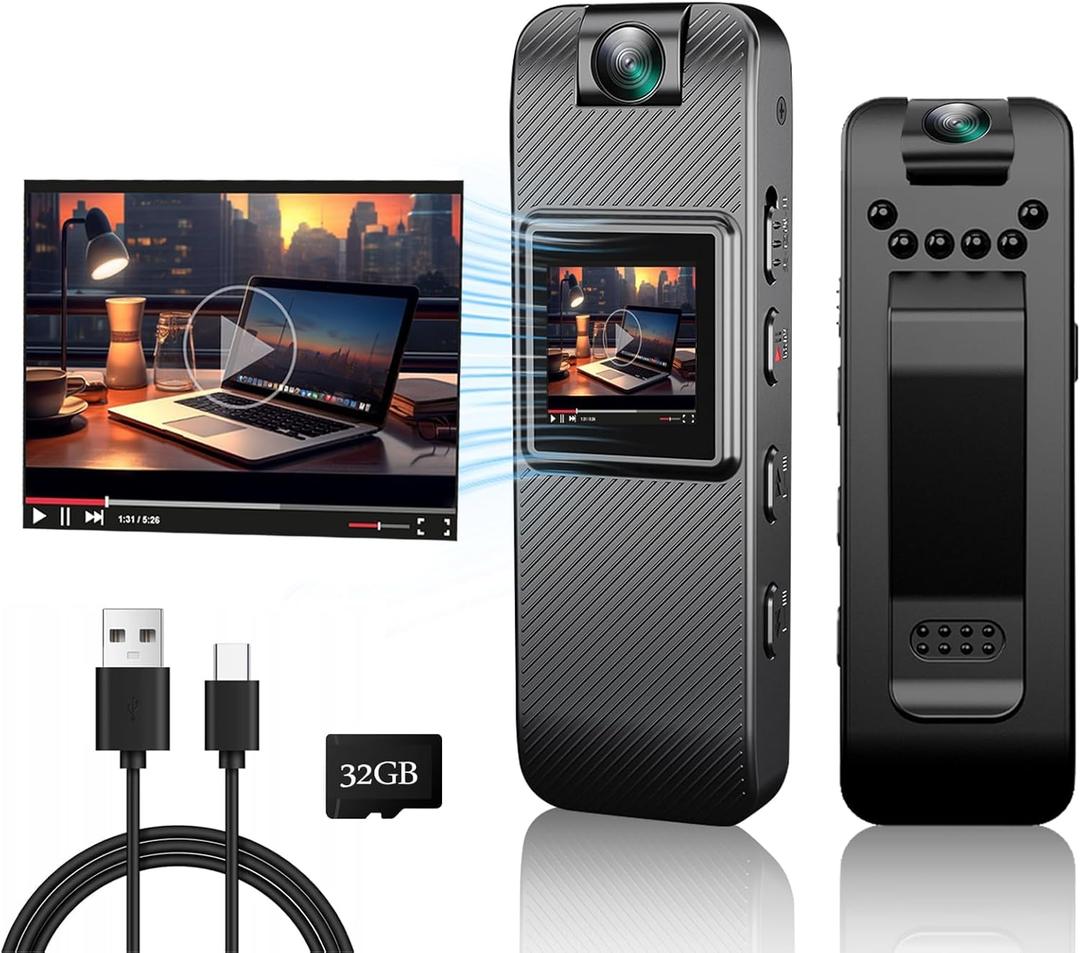 Mini Body Camera HD 1080P Wearable Video Recorder, Small Security Camera with 32GB SD Card Night Vision 1.3 Inch Display 180 Rotatable Lens, Portable Body Cam for Law Enforcement/Sports/Delivery