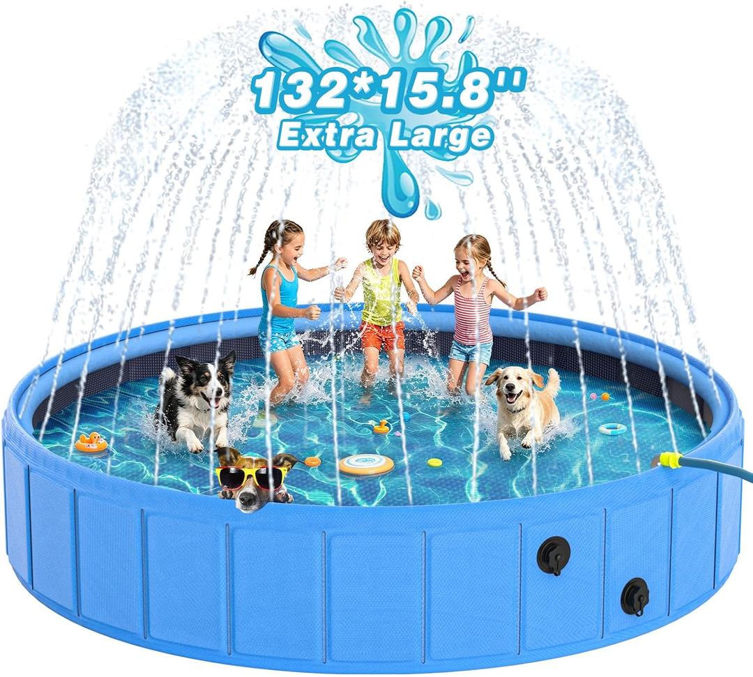EPN Foldable Dog Pool with Sprinkler, Large Non-Slip PVC Pet Bath, 132 Inch | 2-in-1 Pet Bath and Sprinkler with Non-Slip Base for Dogs and Kids, Ideal for Backyard Cooling, Bathing and Summer Water Play