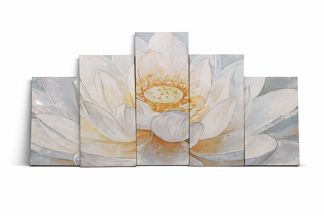 KREATIVE ARTS Large 5 Pieces Lotus Flower Blooming Wall Art Canvas Print Painting Modern Peaceful Still Life Artwork Zen Golden Floral Artwork for Meditation Room Decoration 60x32 Inches