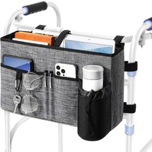 Rhino Valley Walker Bag, Multi Pockets Folding Walker Basket Tote Bag with Cup Holder, Hand-free Carry Pouch Storage Bag for Universal Walkers, Large Capacity Organizer for Seniors Elderly, Gray (A-Gray)