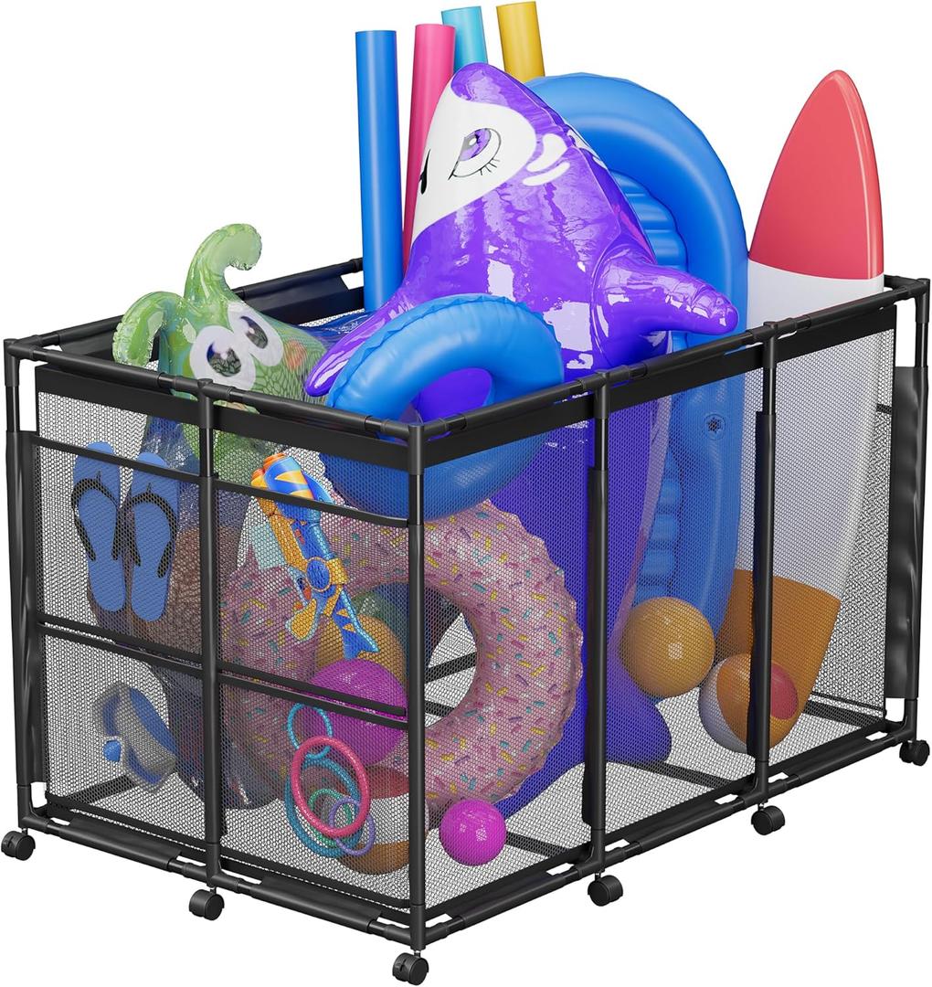Pool Float Storage  Outdoor Pool Toy Storage Organizer for Pool Noodles, Toys, Floats, Balls,Equipment, Mesh Rolling Storage Organizer Bin, Black