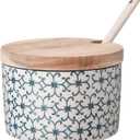 Nordring Sugar Bowl Kristina with Bamboo Lid and Spoon, 9 Oz Jar for Salt, jam, Mustard, Blue, Stoneware, Handmade Stamp Decor