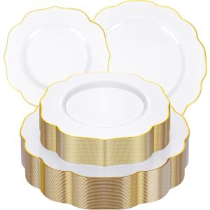 bUCLA 60PCS Gold Plastic Plates - Premium Hard White with Gold Rim Disposable Include 30 Each (10.25inch Dinner & 7.5inch Dessert) Plates, Ideal for Wedding & Thanksgiving