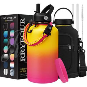 Half Gallon Insulated Water Bottle - Combo Carrier Bag with Strap, Paracord Handle, Straw & Flex Cap, Silicon Bottle Boot, Large Water Bottles 64 oz, Sweat Proof Metal Vacuum Flasks 1/2 Gallon Jug (Candy Crush)