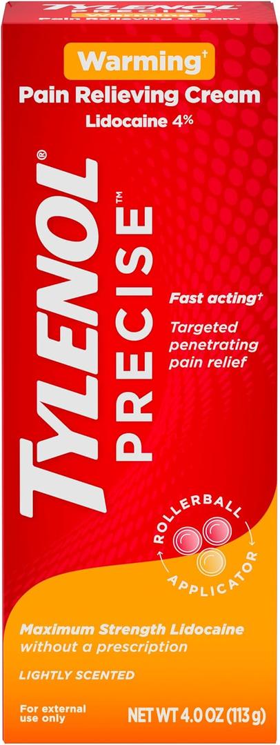 Tylenol Precise Warming Lidocaine Cream, 4% Lidocaine, 4 oz
Maximum OTC Strength, Penetrating Pain Relief, Back Knee & Joint, Fast-Acting, Topical Analgesic, Light Scent, EXP 2027/12
