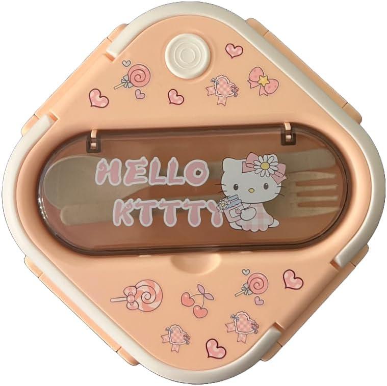 Bento Lunch Box Container Set with 3 Compartments Portable Personal Sealed Plastic Utensils Food Container Cute Kawaii Anime Kitty Bunny Dog (Pink Kitty)