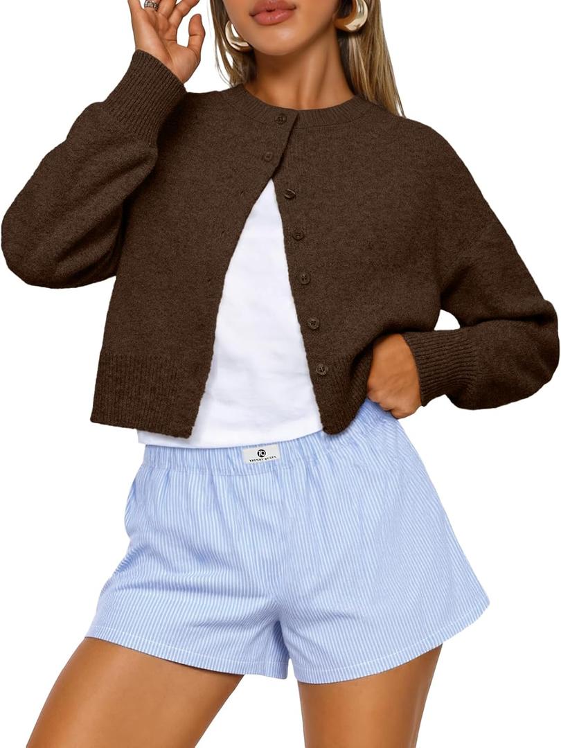 Trendy Queen Cropped Cardigan Sweaters for Women Lightweight Crop Knit Y2k Fall Outfits Fashion Clothes 2025 (Small, Chocolate Brown)