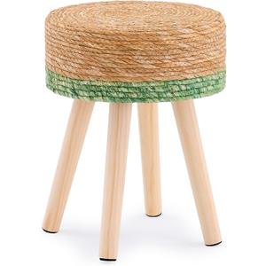 Handwoven Outdoor Ottoman, Water Hyacinth Pouf Round Patio Footstool with Wood Legs, 17-Inch Multipurpose Vanity Stool, Dining Chair, Patio Footrest for Balcony and Garden, Green (13"D x 13"W x 16.9"H)