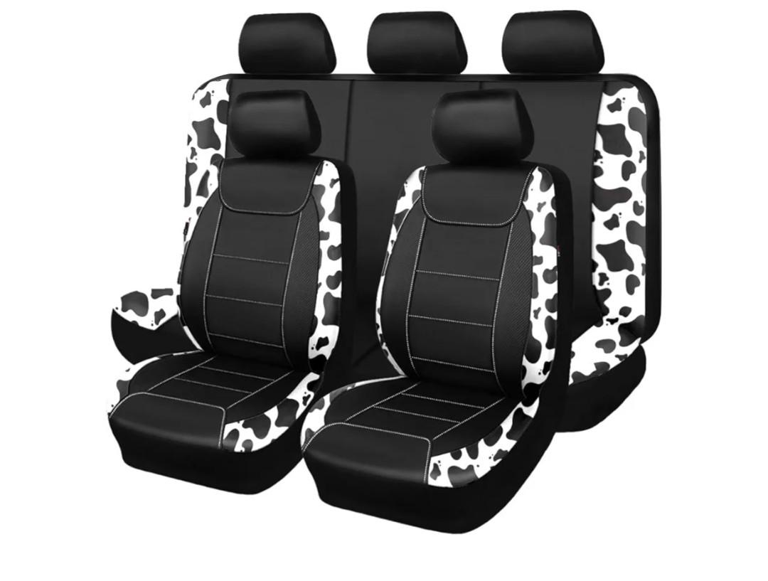 Flying Banner car seat Covers Protects Water Proof Faux Leather Carbon Fiber Front and Rear Bench (Cow Black, Full Set - 8PCS)