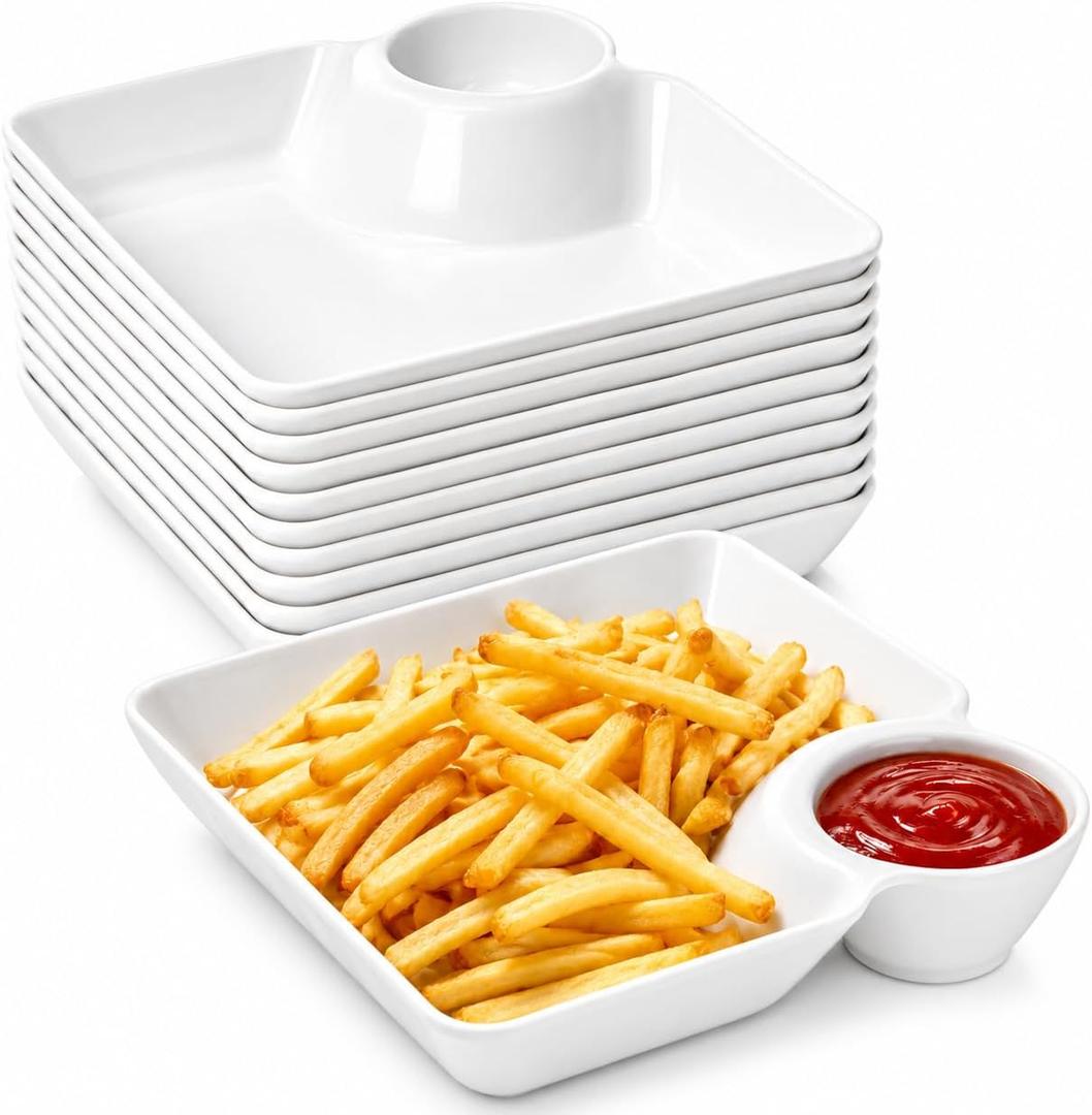20 Pack Chips and Dip Serving Plates, White Reusable Divided Snack Trays with Sauce Compartment, Plastic Appetizer Dishes for Salsa, Sushi, Dumplings, Tacos, Fruit, Charcuterie and Party Serving, Medium