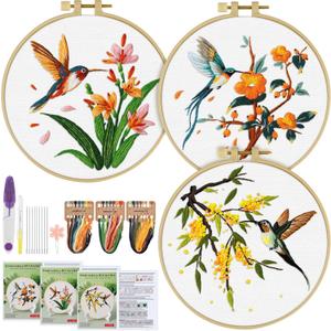 ERKOON 3 Sets Embroidery Kit, Hummingbird Cross Stitch Set for Include Embroidery Cloth Hoops Threads for Craft Lover Hand Stitch (Hummingbird)
