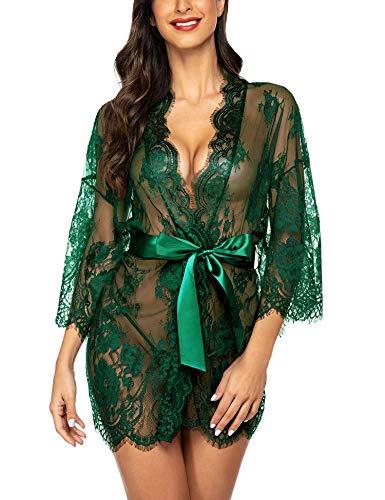 Avidlove Women's Lace Kimono Robe Babydoll Lingerie Mesh Nightgown Dark Green XXL