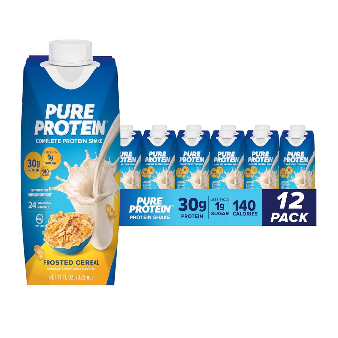 Pure Protein Complete Protein Shake, Frosted Cereal, 30g High Protein Drink, Less than 1g Sugar, 4g Fiber, Ready to Drink, Non GMO, On-the-Go Shakes, 11oz Bottles, 12 Pack (EXP 08/21/26)