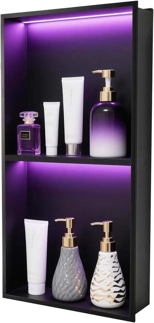 Stainless Steel Shower Niche 12" x 24", No Tile Needed Recessed Wall Niche with RGB Light, Bathroom Niche for Shower wall Insert Installation (Matte Black)