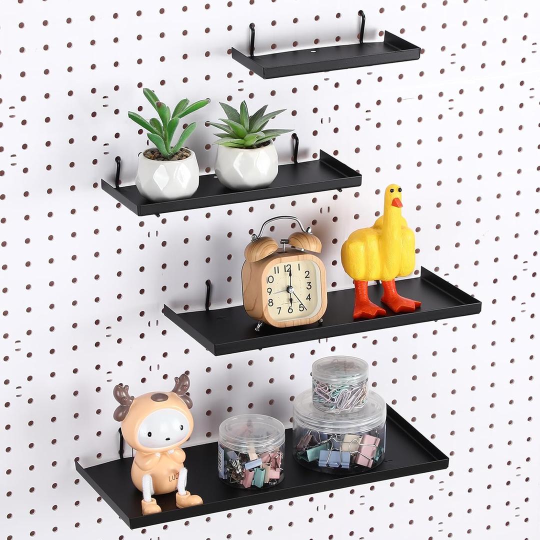 4 Pcs Pegboard Shelves, 7X 3'', 10 x 4'', 12 x 5 Inch, 14 x 6 Inch Metal Shelf Brackets Pegboard Tray Accessories Wall Organizer for Craft Room Home Garage Nursery (Black)