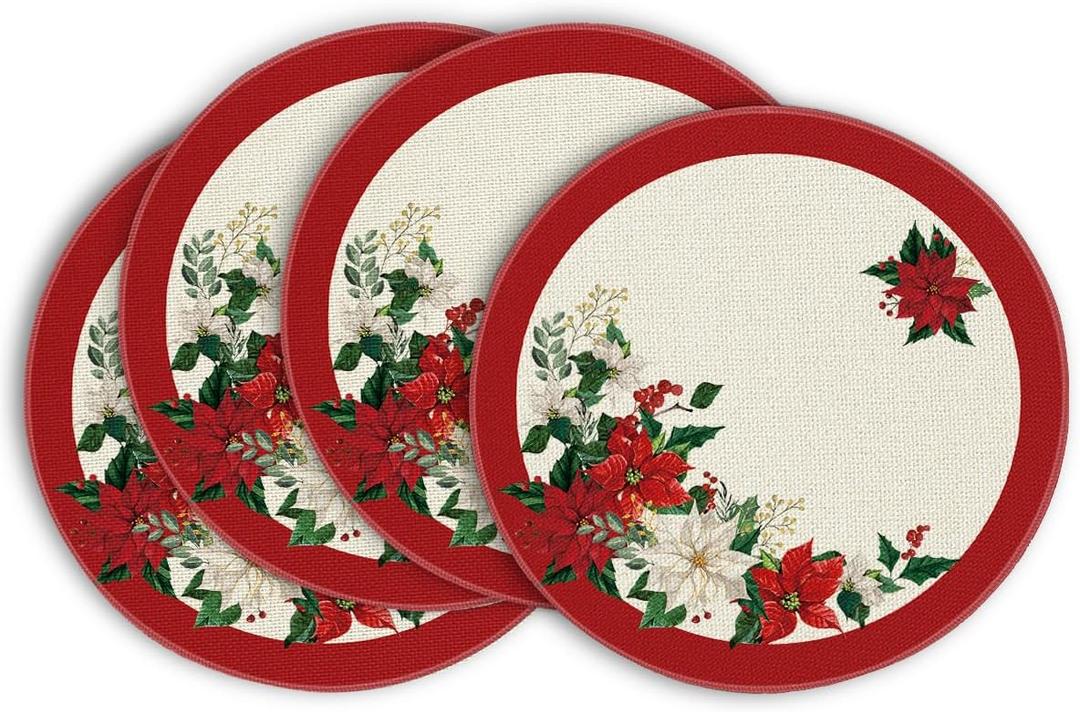 Artoid Mode Beige Leaves Poinsettia Round Placemats Set of 4, 14 Inch Christmas Round Table Mats for Dining Decoration