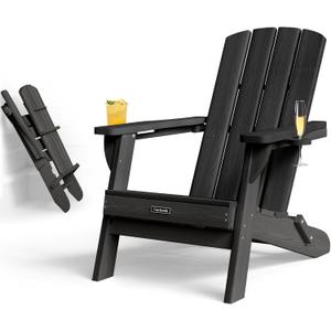 Folding Adirondack Chair with Wood Texture, HDPE All-Weather Fire Pit Chairs, Plastic Adirondack Chairs with 2 Cup Holder, Outdoor Lawn Chair for Patio Garden (Black)