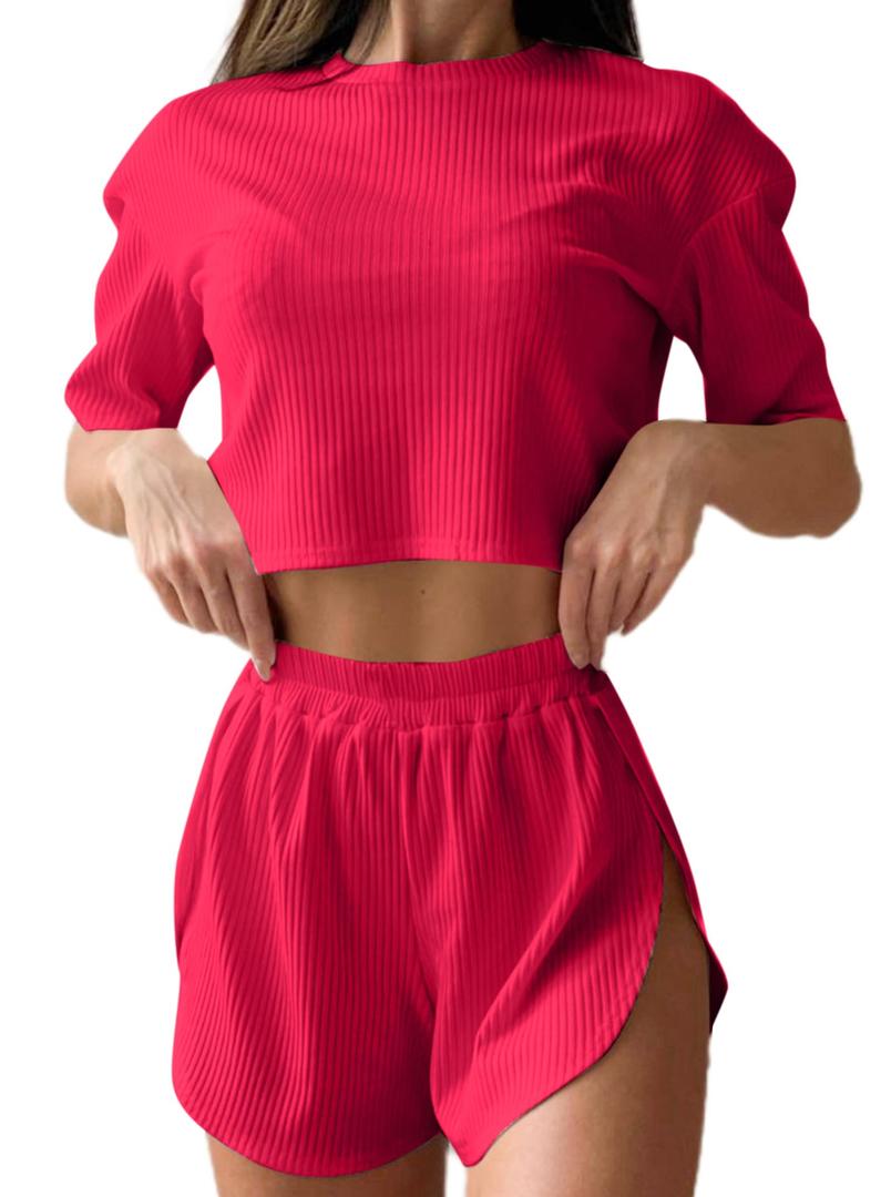 Remidoo Women's Short Sleeve T Shirts And Shorts Side Slit Crewneck Pajamas Set Red Small (Red)