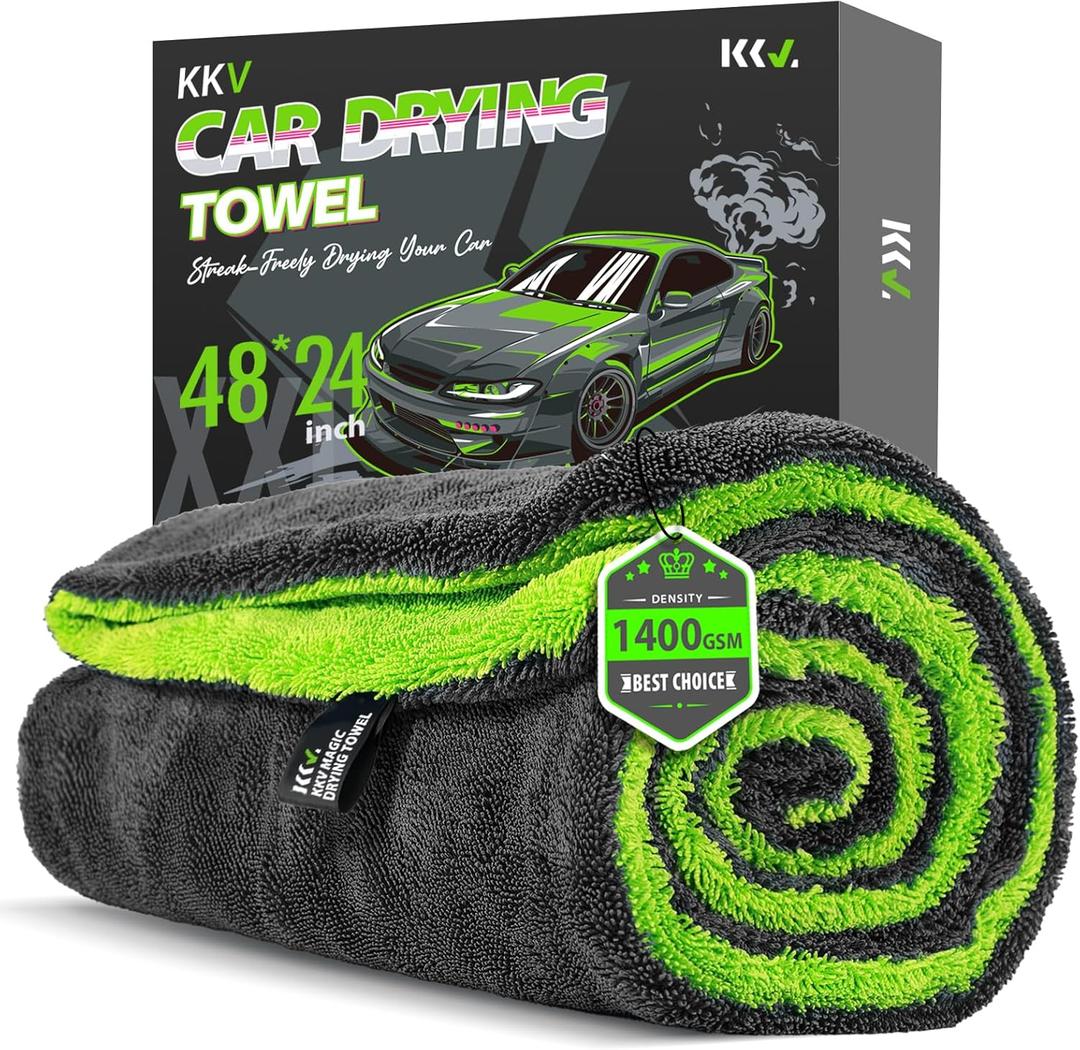 KKV Full-Sized SUV Drying Towel, 48x24 Dual Sided Microfiber Car Cleaning Towel with Twisting Yarn Technique, 1400GSM Super Absorbent, Scratch-Free, Machine Washable (Dark Gray-Green Yellow)