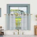 LAMIT Short Linen Curtains 30 Inch Length for Small Windows, Semi Sheer Light Filtering Panels Bronze Grommet Cafe Drapes for Half Window, Greyish Blue, 2 Panels, 34 x 30 Inch