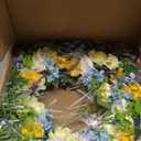 Faux Silk Flower Spring Summer Easter Wreath 24-26" for Front Door – White Ranunculus Yellow Daisy Blue Hydrangea Green Eucalyptus Leaves – Farmhouse Front Porch Wreath, Outdoor Indoor Use
