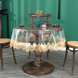 Small Clear Plastic Round Tablecloth Waterproof Vinyl PVC Tablecloth Embroidered Lace Edge Transparent Table Cover for Kitchen Outdoor and Indoor Uses-Round 32 inch, Brown