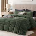 Bedsure Fluffy Duvet Cover Set - Ultra Soft Plush Shaggy Comforter Cover Queen Size, Warm Flannel Fleece Bed Sets for Winter, 3 Pieces (Striped Pattern, Green)