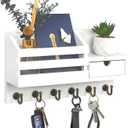 FifthQuarter Key Holder Wall Mount: Key and Mail Holder for Wall with 6 Hooks and Storage Drawer, Easy Installation Key Rack for Entryway Home Decor (A-White)
