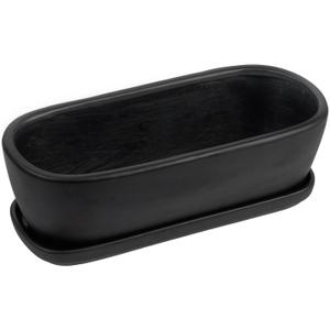 MyGift 14 Inch Oval Modern Matte Black Ceramic Succulent Planter Pot with Drainage Hole and Removable Saucer, Decorative Indoor House Plant Container for Flowers, Cactus, Herbs