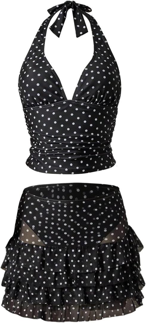 Floerns Women's 3 Piece Polka Dots Tankini Sets Backless Halter Swimsuit Layered Ruffle Bathing Suit (Black, M)