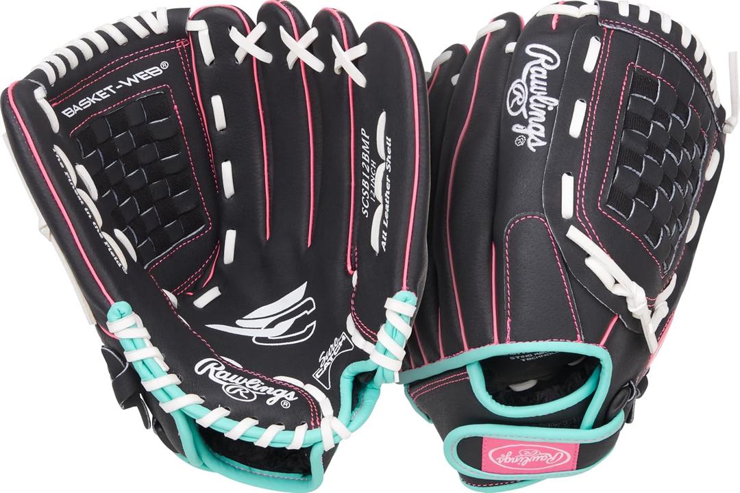 Rawlings | Sure Catch Youth Series Softball Glove | 12" | Right Hand Throw | Black/ Mint/ Pink