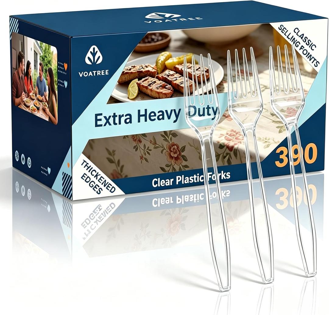 Disposable Clear Plastic Forks Heavy Duty, 390 Count, 7 Inch, Bulk | Premium Quality, BPA-Free,Heat Resistant, Transparent, Crystal, for Everyday Use, Party Supply, Events,Wedding, Restaurant