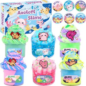 6 Pack Axolotl Slime Kit, Cute Stuff Butter Cloud Crystal for Girls Ages 8-12, Cloud Dough for Kids Set Party kit Goodie Bag Stuffers, Girls and Boy Birthday Gift Ideas Axolotl Blue