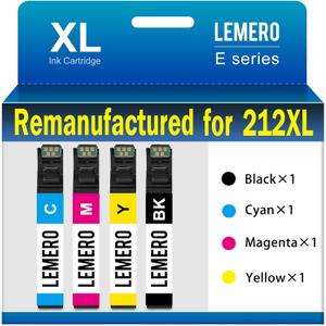 LEMERO Remanufactured Ink Cartridge Replacement for Epson 212XL 212 XL T212 Work with Workforce WF-2850 WF-2830 Expression Home XP-4100 XP-4105 Printer (Black, Cyan, Yellow, Magenta, 4-Pack)