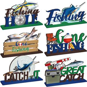 Threehoney 6 Sets Fishing Table Decor Summer 3D Fishing Table Decor Gone Fishing Party Wooden Fishing Theme Centerpieces Fisherman Friends Mas Party Decor for Birthday Baby Shower Party Decorations
