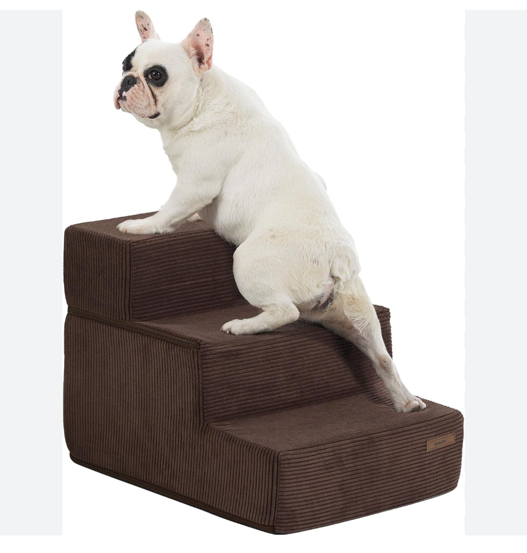 Lesure Dog Stairs for High Beds Extra Wide Foldable Pet Steps 3-Steps for Medium Small Dogs and Old Cats with CertiPUR-US Certified Foam and Non-Slip Bottom, Brown