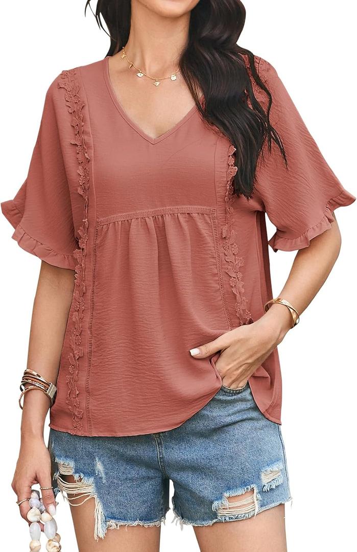 Womens Summer Tops V Neck Ruffle Half Sleeve Blouses Cute Lace Peplum Shirts Casual Boho Babydoll Clothing 2025 (L) Womens Summer Tops V Neck Ruffle Half Sleeve Blouses Cute Lace Peplum Shirts Casual Boho Babydoll Clothing 2025 (L)