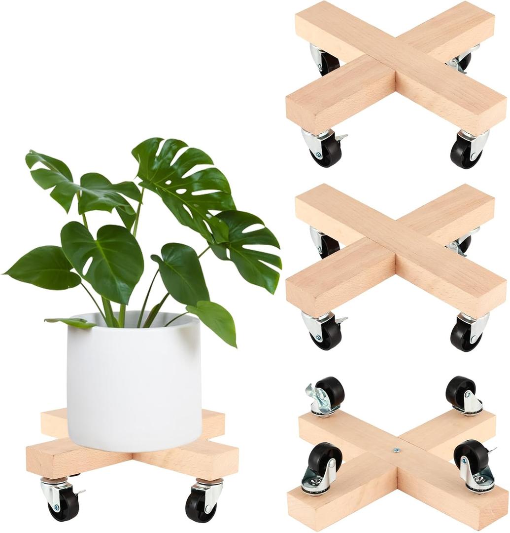 Pack of 3 Wooden Plant Caddy with Wheels 12 Inch Rolling Plant Stand on Wheels Heavy Duty Plant Dolly for Large Plants Plant Roller with Wheels Planter Wheels Base Indoor & Outdoor