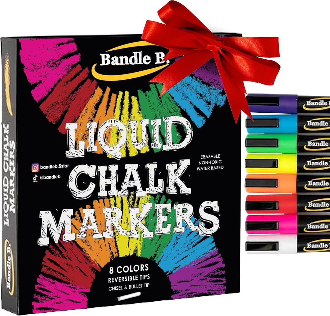 Bandle B. Chalk Markers - 8 Vibrant, Erasable, Non-Toxic, Water-Based, Reversible Tips. For Glass or Chalkboard Markers for Businesses, Restaurants, Liquid Drawing Chalk (Vibrant 6mm)