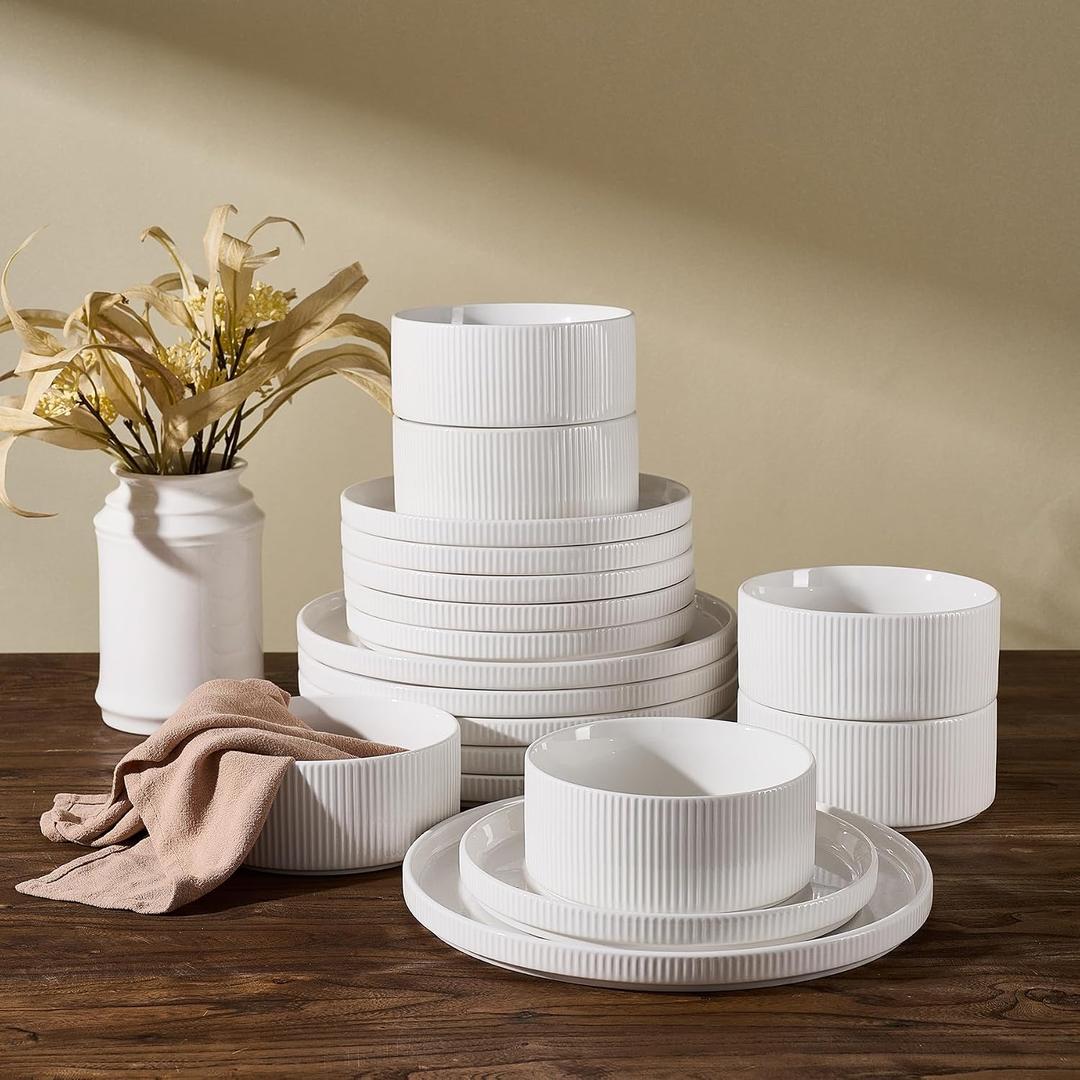 Line Porcelain Dinnerware Set, dish set for 6, White
