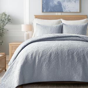 EVERGRACE 100% Cotton Paisley Quilt Set, King Size 3 Piece Set  Prewashed Lightweight Bedspread with 2 Shams, Soft & Breathable Matelasse Coverlet for All-Season Comfort, Pearl Blue