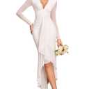 GLNEGE Long Sleeve Fall Wedding Guest Formal Dresses V Neck Ruffles Ruched Cocktail Bodycon Midi Dress for Women White (White)