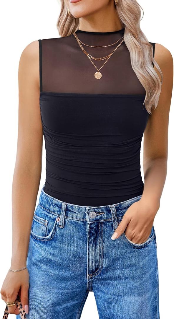 Avidlove Women's Mock Neck Mesh Bodysuit Ruched Tank Body Suits Top Sheer One Piece Going Out Tops Classy Outfits (Black, M)