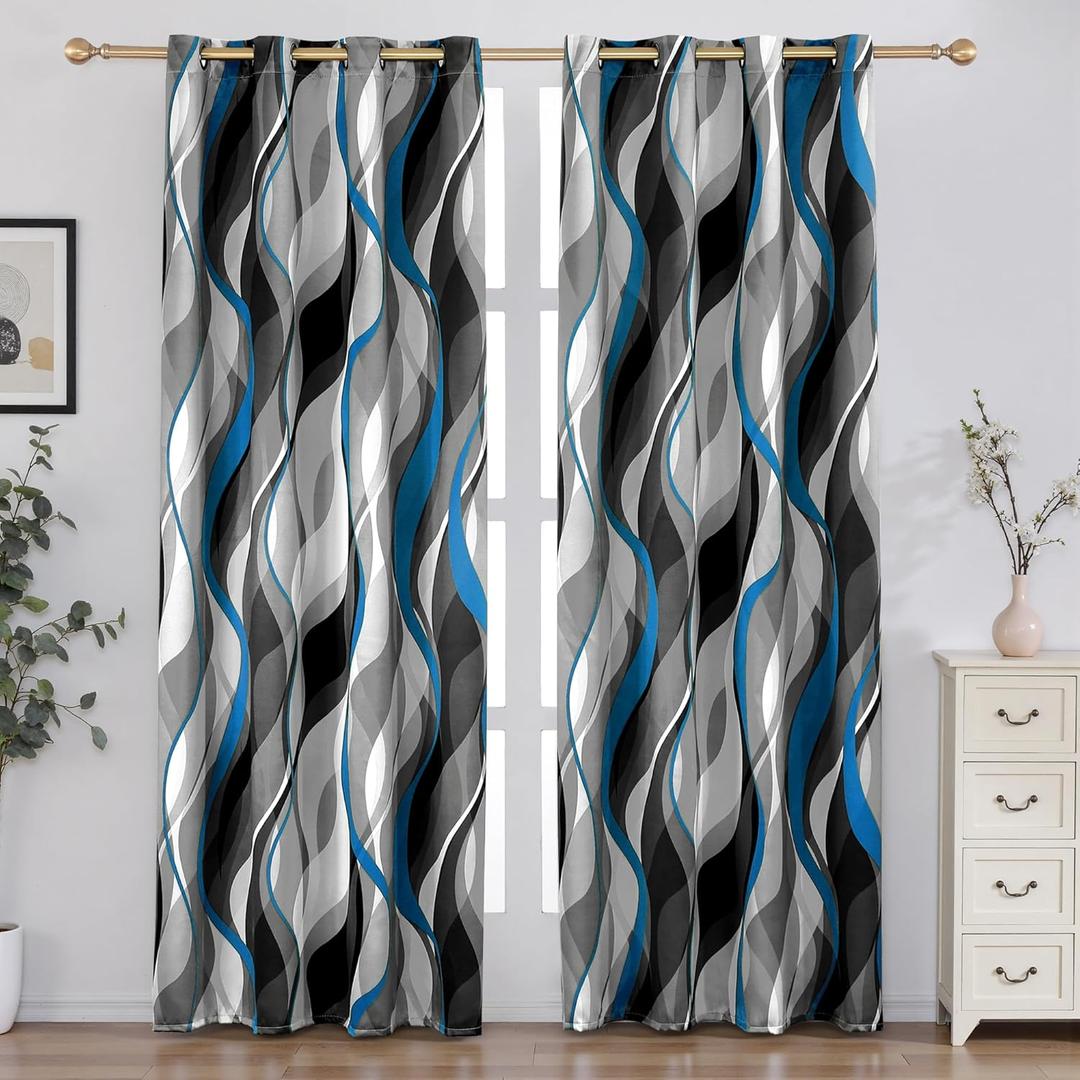 weesire Blue and Grey Blackout Curtains Modern Striped Decorative 100% Light Blocking Darkening Grommet Blue Curtain for Living Room Villa, Bedroom Gray and Blue 2 Panels Set, 52x84 Inches